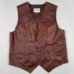 Scully Brown Leather Vest Men's Medium Snap Up Pockets Cowboy Western